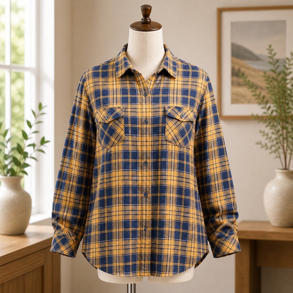 Natural Reflections Womens XL Flannel Shirt Mustard Yellow Blue Plaid Button